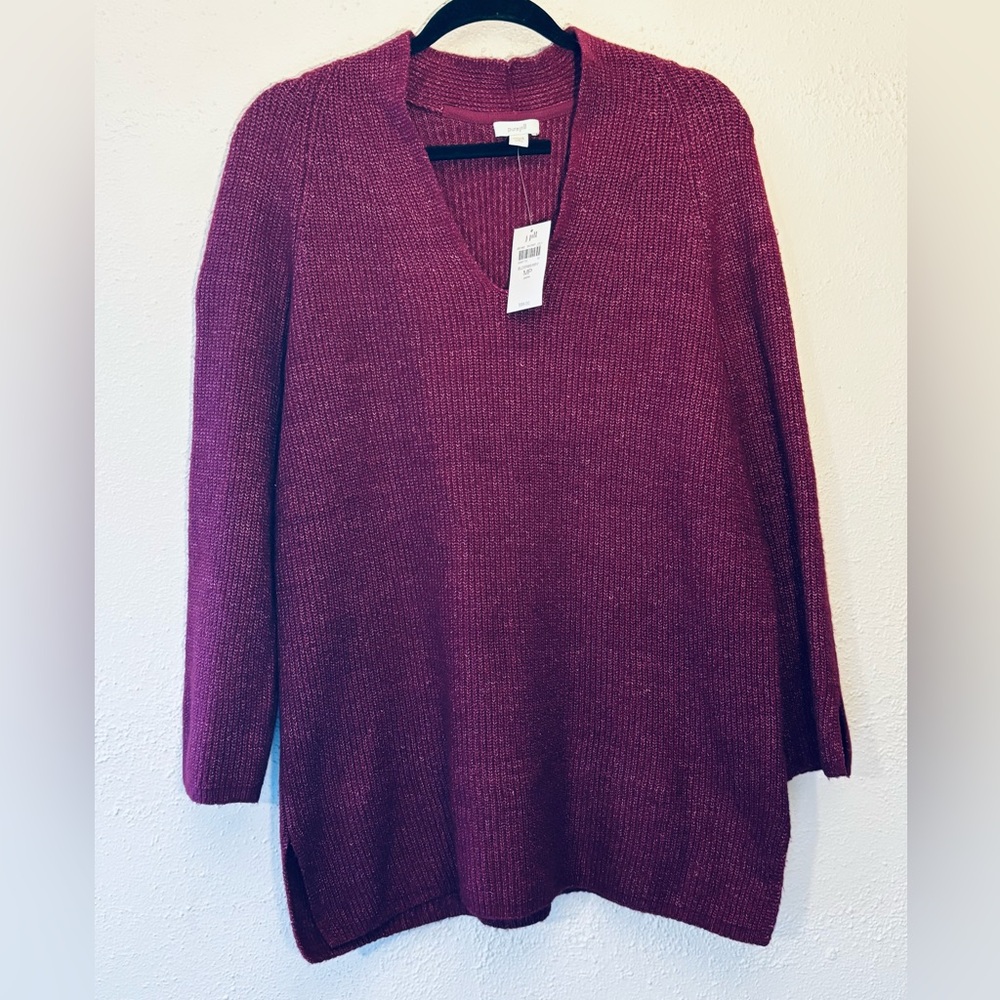 J JIll Pure Jill Rib Textured V Neck Tunic Sweater Womens Sz M Dark Burgundy NWT